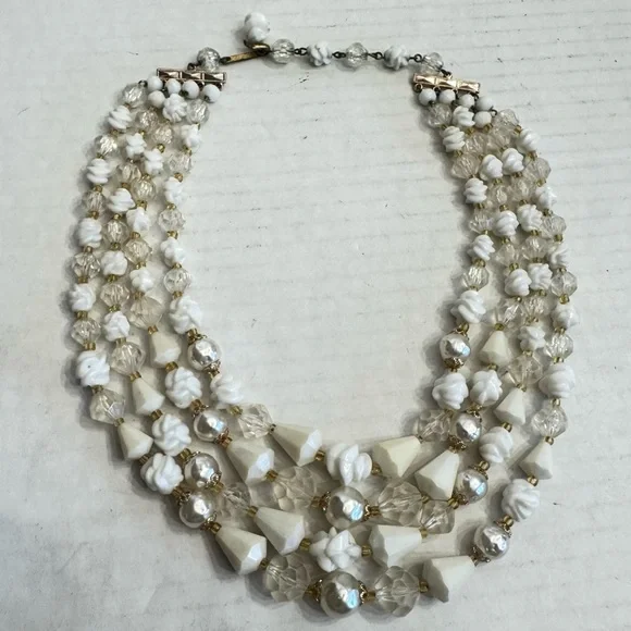 Vintage West Germany Multifaceted Four Strand Lucite Beads Faux Pearl Necklace - Picture 9 of 16